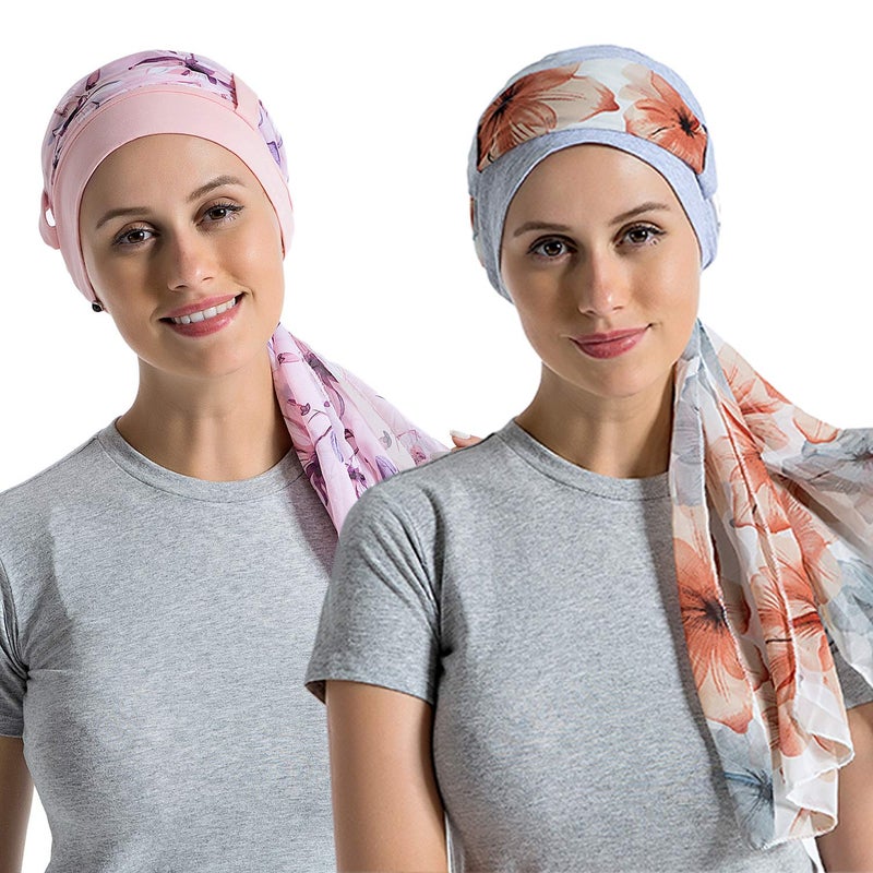 JarseHera Bamboo Cotton Liner Chemo Headwear for Womenwith Silky Scarfs for Cancer Hair Loss Sleep Caps Beanie (Light Gray+Light Pink,2 Pair) - Image 1